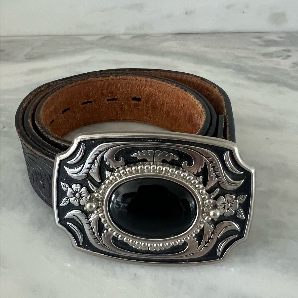 Justin Top Grain Men’s Size 36 Cowhide Western Floral Tooled Belt Silver Buckle - Picture 2 of 12